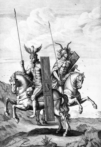 Soldados alemanes con sus cascos, escudos y lanzas, grabado por Cornelis Huyberts, ilustración de 
